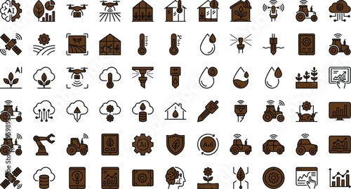 Smart agriculture technology icon set with AI sensors drones irrigation monitoring tractors analytics and precision farming