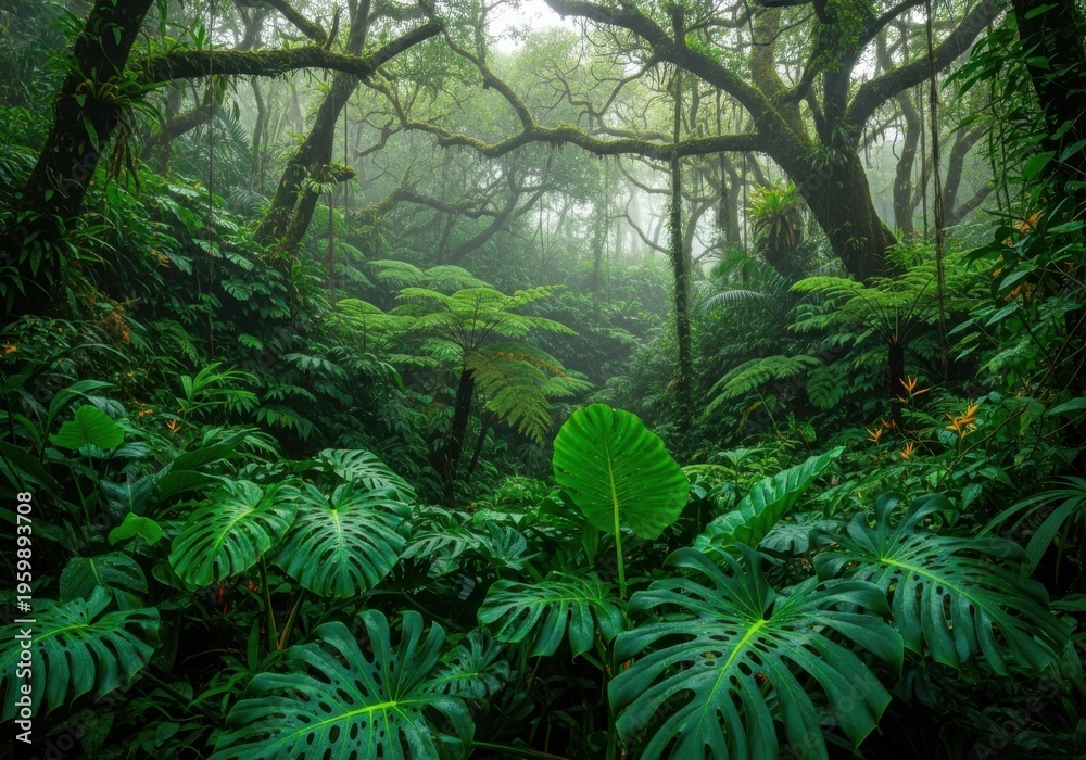Fototapeta premium Dense tropical rainforest with lush green foliage and large monstera leaves
