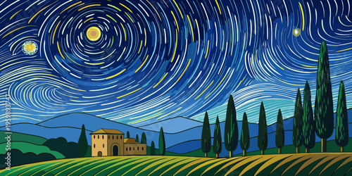 Star trails over cypress grove, Tuscany, Italy
