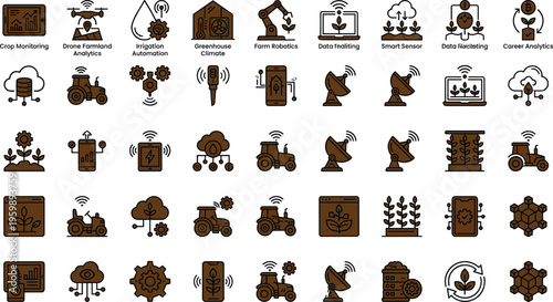 Smart agriculture technology icon set with crop monitoring drones irrigation automation sensors farm robotics and data analytics