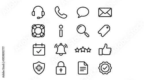 Set of 16 Black Line User Interface Web Vector Icons