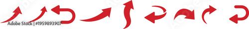 Red Curved Arrow Icon Set Collection Group in Flat Style Vector, Direction Pointer Navigation Symbol Bundle Pack, Swirl Rotate Flow Sign Silhouette Outline Design
