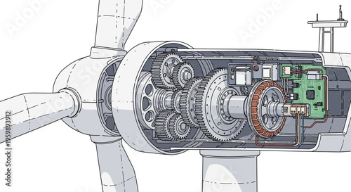 Wind turbine gearbox and generator internal components cutaway