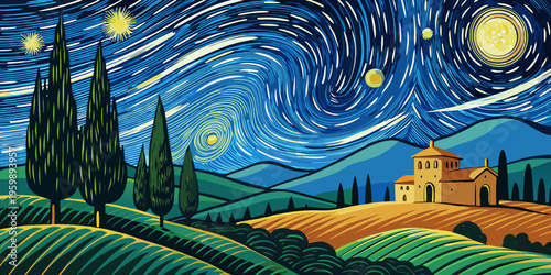 Star trails over cypress grove, Tuscany, Italy
