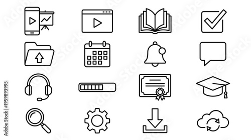 Set of 16 Education and Business Line Icons Vector