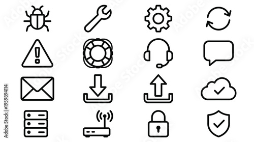 Set of 16 Technical Support and IT Service Line Icons Vector