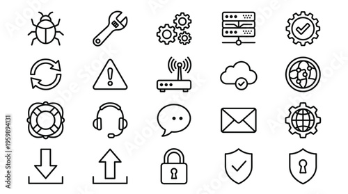 Set of 20 IT Support and Technology Line Icons Vector
