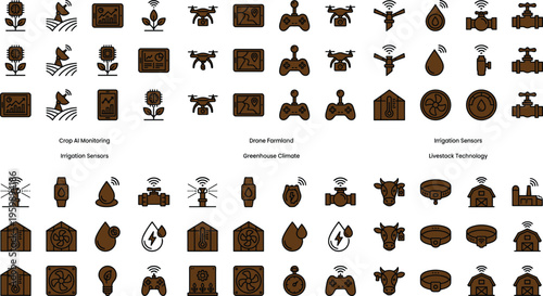 Smart agriculture technology icon set with crop monitoring drones irrigation sensors greenhouse climate and livestock systems