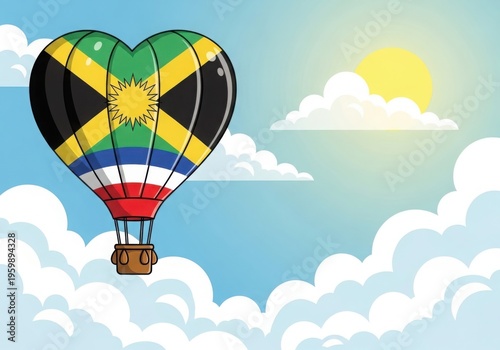 Vibrant jamaican hot air balloon soaring through sunny skies