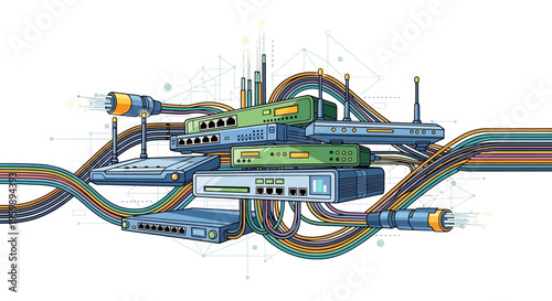 Network devices and cables illustration for data transfer and communication