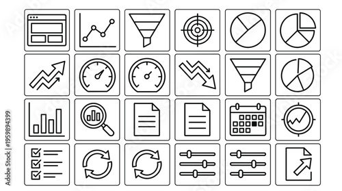 Set of 25 black and white outline business data analytics vector icons