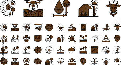 Smart agriculture technology icon set with drone monitoring irrigation sensors crop analytics greenhouse climate livestock farming vector