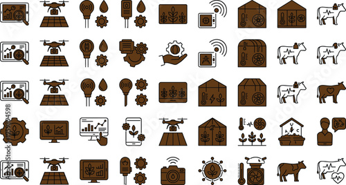 Smart agriculture technology icon set with drone monitoring irrigation sensors livestock tracking crop analytics and farm automation