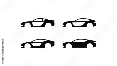 Four Black Sports Car Silhouettes with Interior Lines on White