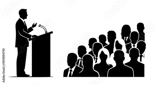 Speaker Addressing Audience from Podium Silhouette