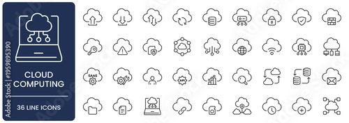 Cloud computing and services line icon set. Collection of data transfer, storage, database, server and network security outline vector symbols with editable stroke.