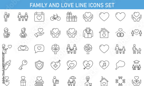 Family and Love Line Icons Set, Black Outline Vector Collection with Parents, Baby, Heart, Marriage, Home, Protection, Care, Relationship, Parenting Symbols