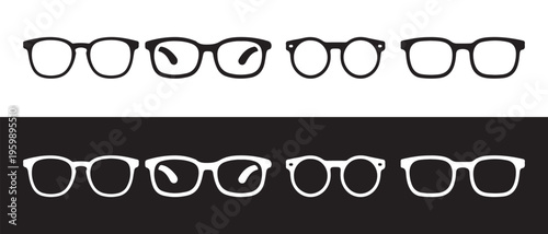 Set of different eyeglass frame icons in black and white versions for optometrist branding.