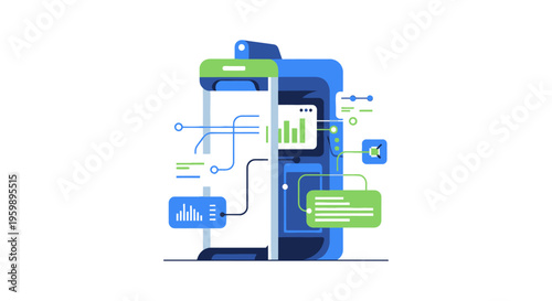 Mobile Application Development Architecture and Data Flow Concept Illustration. UX/UI Design, Analytics Dashboard, and System Integration Vector.