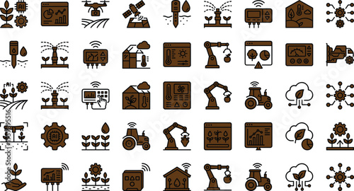 Smart agriculture technology icon set with drones irrigation sensors robotics crop monitoring and precision farming symbols