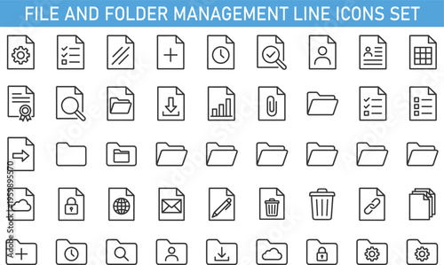 File and folder management line icons set, document storage, cloud backup, secure data sharing, office files vector illustration collection
