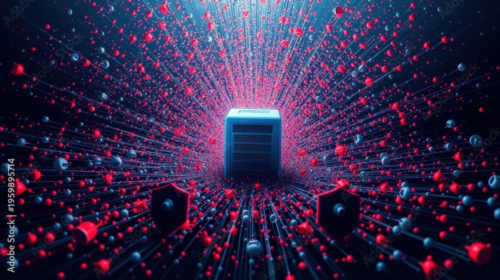 Fototapeta premium Futuristic tunnel, glowing particles stream toward central server. Dark background emphasizes bright digital flow, complex network.