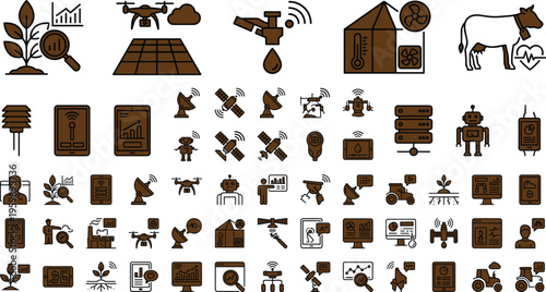 Smart agriculture technology icon set with drones satellites sensors livestock monitoring irrigation and crop analytics