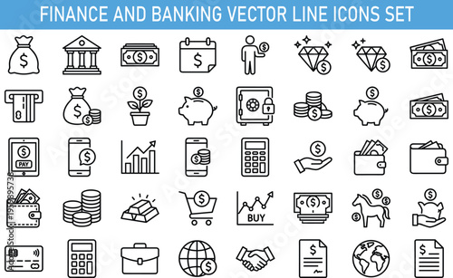 Finance and banking vector line icons set, money, investment, savings, payment, wallet, stock market symbols outline illustration isolated background