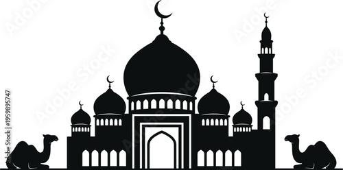Black silhouette vector illustration of Islamic mosque with domes, minarets, crescent moons, arched entrance, and camels resting on both sides representing cultural architecture.