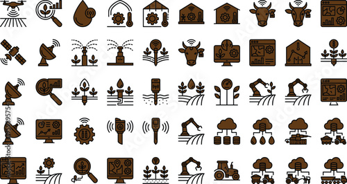 Smart agriculture technology icon set with drones sensors crop monitoring irrigation robotics tractors and precision farming