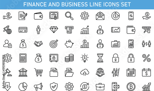 Finance and business line icons set including banking, payment, investment, growth charts, wallet, cryptocurrency, security, money management vector illustration collection