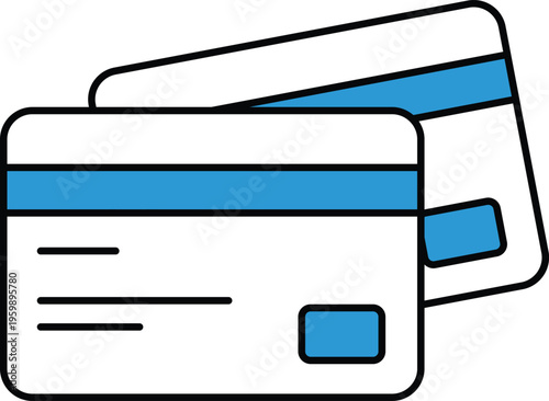 Two white credit cards with blue stripes and black outlines debit card payment transaction