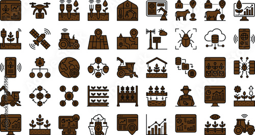 Smart agriculture technology icon set with drones sensors crop monitoring tractors livestock analytics and precision farming
