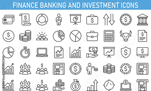 finance banking and investment icons collection, money management economy symbols, financial growth analytics line icons, business finance vector outline set