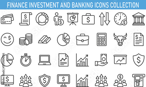 finance investment and banking icons collection, money management economy symbols, financial growth analysis line icons, business finance vector outline set