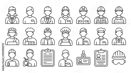 Editable stroke vector illustration set of 30 worker-themed icons: office worker, engineer, factory worker, janitor, firefighter, nurse, chef, construction worker, delivery worker, clipboard, ID badge