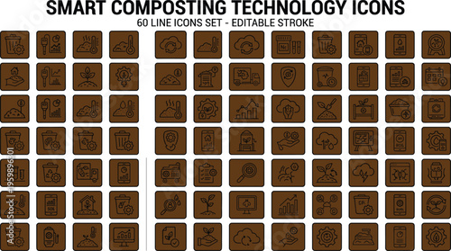Smart composting technology line icon set with organic waste recycling soil monitoring sustainable agriculture symbols