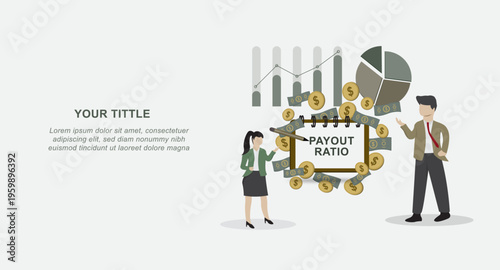 Flat vector illustration of business people analyzing payout ratio with charts, coins, and financial data. Concept of investment, profit distribution, financial analysis, and corporate performance.
