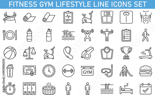 fitness gym lifestyle line icons set, workout health symbols collection, sport training outline vector, nutrition exercise wellness icons, healthy lifestyle thin line icons