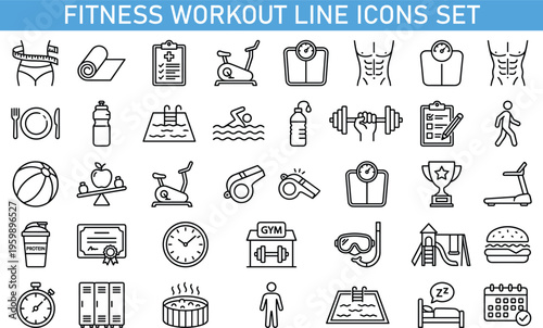 fitness workout line icons set, healthy lifestyle gym symbols collection, sport training outline vector, nutrition wellness exercise icons, modern thin line fitness icons