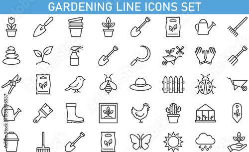 gardening line icons set, garden tools and nature symbols collection, plant care outline vector, farming agriculture icons, landscaping thin line garden icons