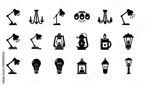 Lighting silhouette icon set with lamps bulbs candles and chandeliers flat black vector isolated on white