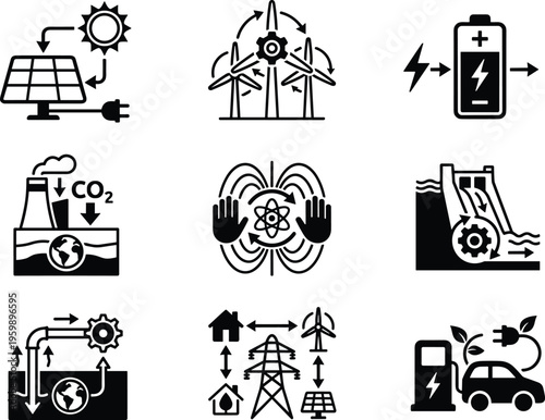 Renewable energy process icons set, solar wind hydro systems, battery storage, carbon reduction, smart grid, electric vehicle, sustainable technology concept