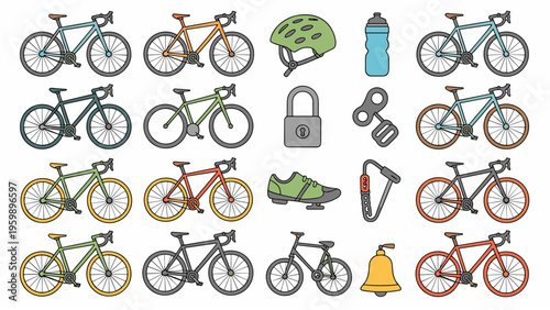 Editable stroke vector illustration set of 30 bicycle-themed icons: bike trail, basket, rear rack, cycling gloves, speedometer, pump, cycling bag, tire repair kit, helmet light, sunglasses, kickstand,
