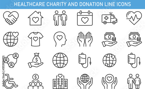 Healthcare charity and donation line icons set featuring medical aid, volunteer support, hospital care, community help, blood donation, humanitarian assistance concept