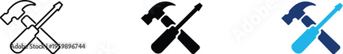 Manual tools icon showing crossed hammer and screwdriver for professional construction and home repair. Professional illustration for technical maintenance services, and hardware store branding.