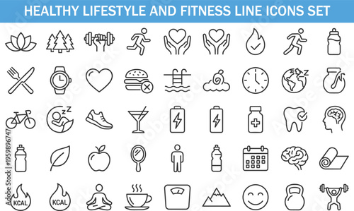 Healthy Lifestyle and Fitness Line Icons Set, Black Outline Vector Collection with Yoga, Running, Nutrition, Diet, Workout, Meditation, Wellness Symbols