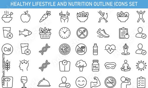 healthy lifestyle and nutrition outline icons set, diet fitness wellness food exercise health care vector icons collection for balanced diet healthy habits and wellbeing