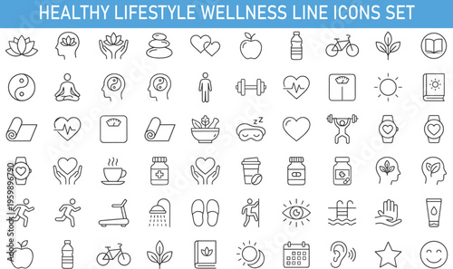 healthy lifestyle wellness line icons set, yoga meditation fitness nutrition sleep mindfulness healthcare routine vector outline collection for modern wellbeing balance and health
