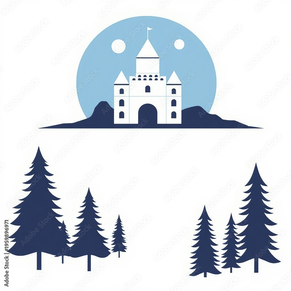 Fototapeta premium Fantasy castle on a hill with two moons and silhouetted pine trees
